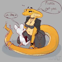 1:1 anthro balls clothed clothed_female clothing debra_(deltav) duo english_text female genitals gunalt hi_res male male/female mammal mouse murid murine penis reptile rodent scalie size_difference tail tail_coil text