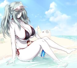 beach bikini blue_eyes breasts_bigger_than_head cells_at_work cleavage hair_over_one_eye hataraku_saibou hataraku_saibou_black huge_breasts thick_thighs tsukasawa_takamatsu twintails u-1196 visor visor_cap voluptuous white_blood_cell_(hataraku_saibou) white_body