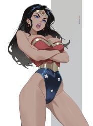 1girls absurdres artist_name bare_shoulders black_hair blue_eyes breasts cleavage commentary crossed_arms dark-skinned_female dark_skin dc dc_comics earrings fair-skinned_female female female_only grey_background highleg highleg_leotard highres jewelry large_breasts leotard lips long_hair melowh open_mouth solo standing star_(symbol) star_earrings star_print teeth thighs tiara two-tone_background white_background wonder_woman wonder_woman_(series)