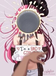 1boy belt black_hat breasts brown_hair cleavage cream cslucaris english_commentary english_text euphemism female food food_on_face gloves grey_background grey_scarf hat highres holding holding_sign in_the_face long_hair medium_breasts midriff misunderstanding motion_blur multicolored_hair navel neo_(rwby) neopolitan_(rwby) off-shoulder_jacket off_shoulder pants pie pie_in_face pink_hair pov pov_hands rwby scarf sign simple_background solo_focus split-color_hair stomach suspenders throwing too_literal two-tone_hair upper_body very_long_hair white_belt white_gloves white_pants