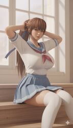 1girls 4:7 ai_generated arms_up big_breasts blue_skirt breasts brown_eyes brown_hair cuote4mikewhere dead_or_alive feet_out_of_frame female female_only hands_behind_head indoors kasumi_(doa) kneehighs long_hair nano_banana pleated_skirt ponytail sailor_collar school_uniform serafuku sfw short_sleeves sitting solo tagme white_kneehighs white_legwear white_shirt