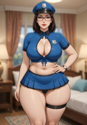 1girls ai_generated bed bedroom belly_button blue_clothing blurry_background bob_cut brunette_hair cel_shading cleavage cleavage_cutout collared_shirt curtains dark_blue_clothing front-tie_top glasses grok hand_on_hip hourglass_figure indoors large_breasts light-skinned_female lipstick medium_hair microskirt midriff milf mommy one_hand_on_hip panties_visible_under_skirt pleated_skirt police_badge police_hat police_uniform rgomez007 roleplay room_background short_sleeves skindentation smiling_at_viewer solo_female standing thick_lips thick_outline thick_thighs thighband visible_panties voluptuous warm_lighting wide_hips window wristwatch
