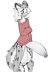 anthro balls big_balls big_penis biped blush chest_tuft clothing erection felid femboy fluffy_balls fur genitals glans grey_body hair huge_balls huge_cock humanoid_genitalia humanoid_penis hyper hyper_genitalia hyper_penis leo_(shiyaa_stuff) male male_anthro mammal pantherine penis shiyaa_stuff shy simple_background snow_leopard solo sweater tail topwear tuft