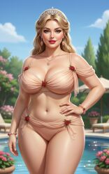 1girls ai_generated belly_button bikini blonde_hair bracelet chubby chubby_female cleavage earrings elegant eyelashes female flower_bracelet gemini hand_on_hip large_breasts light-skinned_female lipstick long_hair lounge_chair midriff milf mommy necklace off_shoulder off_shoulder_bikini one_hand_on_hip outdoors poolside rgomez007 rose_(flower) seductive_look semi_realistic smiling_at_viewer solo_female swimming_pool swimsuit thick_lips thick_thighs tiara voluptuous warm_lighting wide_hips