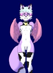 absurd_res angel animal_print anthro canid canine clothing collar cow_print cowbell demon femboy fluffy fluffy_tail footwear fox fur genitals hair hi_res hybrid ivolflobogris legwear looking_at_viewer male mammal nude penis pink_body pink_fur purple_eyes socks solo tail tail_fluff