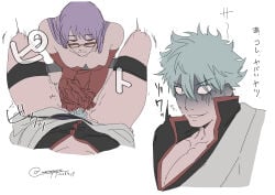 gloves red_gloves elbow_gloves handjob sarutobi_ayame assisted_masturbation handjob_with_gloves spreader_bar restrained bondage dominatrix dominatrix_outfit femdom malesub gintoki_sakata gintama marimoyasya female male 1girls 1boy purple_hair long_hair glasses smile leotard official_alternate_costume red_leotard male_pubic_hair pubic_hair sweat shaded_face