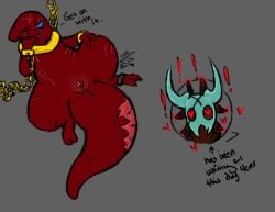 anthro anus black_body black_fur blue_mask brown_body brown_fur chained_collar chained_cuffs female fur genitals glowing glowing_markings heart_eyes heart_symbol lying male male/female markings meltedmocha rain_world red_body red_fur scar scavenger_(rain_world) semi-anthro slugcat solo the_keeper_(meltedmocha) the_sentinel_(meltedmocha) videocult vulva