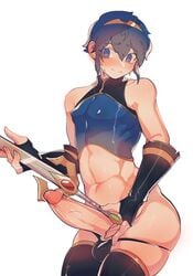 1boy bare_midriff bare_thighs blue_eyes blue_hair byebyefrog falchion_(fire_emblem) femboy fire_emblem fire_emblem:_mystery_of_the_emblem fire_emblem:_shadow_dragon_and_the_blade_of_light male male_only marth_(fire_emblem) nintendo nipple_bulge size_difference smile solo sword thighhighs thong weapon