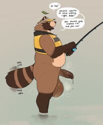 anthro balls big_balls bodily_fluids bottomless bottomless_anthro bottomless_male canid canine cheek_tuft clothed clothing dialogue dripping english_text erection facial_tuft fishing fishing_rod foreskin genital_fluids genitals half-closed_eyes hat headgear headwear hi_res huge_balls humanoid_genitalia humanoid_penis leaf leaf_on_head life_jacket male mammal markings narrowed_eyes open_mouth open_smile partially_submerged penis precum precum_drip precum_string raccoon_dog roseonapot slightly_chubby slightly_chubby_anthro slightly_chubby_male smile solo speech_bubble striped_markings striped_tail stripes tail tail_markings tanuki text toast_(roseonapot) tuft vein veiny_penis visor_cap