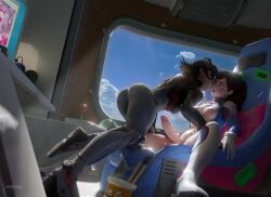 2girls 3d after_kiss ass black_hair bodysuit brown_hair chair commentary crossover d.va d.va_(overwatch) english_commentary erection futa_with_female futanari gaming_chair highres marvel marvel_rivals mecha_pilot_suit monitor multiple_girls overwatch peni_parker pensubz pornography saliva saliva_trail spider-man_(series) sunlight swivel_chair trait_connection window