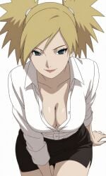 1girls arm_support blonde_hair breasts child_bearing_hips commentary curvaceous curvy curvy_body curvy_female curvy_figure female female_only formal formal_clothes hourglass_figure indoors kiripetals laptop legs_together light-skinned_female light_skin lipstick long_hair makeup naruto naruto:_the_last naruto_(series) naruto_shippuden no_bra office office_lady open_shirt plain_background presenting presenting_breasts shirt simple_background skirt swept_bangs teal_eyes teasing temari thick_thighs thighs twintails unbuttoned unbuttoned_shirt undressing voluptuous voluptuous_female white_background wide_hips