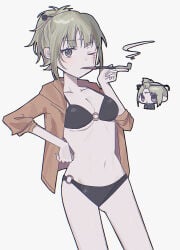bikini black_bikini blonde_hair cleavage facial_scar female female_only gintama hand_on_hip kiseru kunai looking_at_viewer medium_breasts official_alternate_costume one_eye_closed pipe ponytail purple_eyes scar scar_across_eye smoking smoking_pipe solo sweatshirt sweatshirt_and_bikini tsukuyo underboob