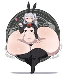 ass ass_bigger_than_head ass_body ass_focus bottom_heavy bubble_butt bunnysuit butt elf fat_ass female flat_chest frieren hips_wider_than_shoulders hyper hyper_ass hyper_bottom_half hyper_thighs kissy_face monkechrome onomatopoeia pasties pussy reverse_bunnysuit simple_background small_breasts solo sousou_no_frieren thighhighs thighs white_hair white_skin wide_hips wobbling_ass
