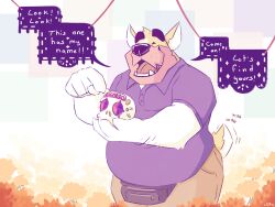 2021 anthro beard belly big_belly bottomwear brown_beard brown_facial_hair canid canine canis chocolateandmilk closed_eyes clothed clothing dated domestic_dog english_text facial_hair fangs front_view fur holding_skull male mammal obese obese_anthro obese_male open_mouth open_smile overweight overweight_anthro overweight_male pants portrait purple_clothing purple_shirt purple_t-shirt purple_topwear red_tongue shirt signature smile solo standing t-shirt tan_bottomwear tan_clothing tan_pants teeth text three-quarter_portrait tongue topwear white_body white_fur yellow_body yellow_fur