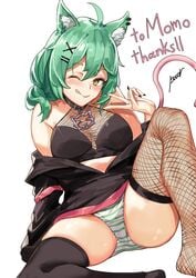 ahoge animal_ears artist_name blush collar colored_nails ear_piercing fishnets green_hair hair_between_eyes hairclip indie_virtual_youtuber inner_ear_fluff momomischief nail_polish panties peace_sign piercing pooor skindentation striped_panties thank_you upskirt v_sign virtual_youtuber watermark wink yellow_eyes