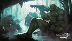 6boys armpits ass bara barely_clothed barely_contained bathing beard bearded bros_being_bros bulge bulge_through_clothing cave fantasy fat_ass feet forest forest_background functionally_nude functionally_nude_male gay glowing_eyes green_skin horde hot_spring huge_cock illustration loincloth luna_sanctus luna_sanctus_tactics male monster multiple_boys multiple_males muscular muscular_male nude nude_male official_art on_floor orc orc_(luna_sanctus) orc_male philozoid pinup promotional_art scars tattoo tusks weapon weapon_over_shoulder worship