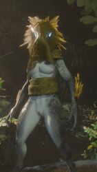 3_fingers 3d_(artwork) 9:16 alien anthro arm_feathers arm_tuft armor avian black_nipples blue_eyes breasts camo colored digital_media_(artwork) feather_hair feathered_crest feathers female fingers forest forest_background genitals glowing glowing_eyes grass grey_body grey_scales halo_(series) head_crest headgear helmet hi_res kig-yar looking_back microsoft mostly_nude nature nature_background nipples non-mammal_breasts plant pseudo_hair scales scalie solo standing syn_yot synca t'vaoan tree tuft vulva xbox_game_studios yellow_body yellow_feathers
