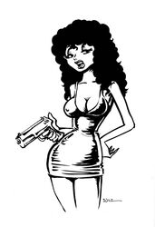 big_breasts big_hips black_hair cherry_poptart_(comic) curly_hair dress hips holding_gun holding_object larry_welz lola_palooza long_hair nipples_visible_through_clothing no_color straight_hair