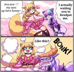 2021 2girls 2koma animal_ears anthro ara_ara baseball_bat bell biting_own_tongue blue_eyes blue_hair blush breast_suppress breasts brown_fur brown_hair cheems cheemy_(izfan_art) chibi cleavage clothed clothing collar comic dialogue dog_collar dog_ears dog_girl dog_tail double_bun drooling english_text engrish eyebrows_visible_through_hair fangs female female_only female_pervert fluffy fluffy_tail go_to_horny_jail hand_on_chest hands_on_legs heart heart_cutout heterochromia highres holding_baseball_bat horny huge_breasts humor instant_loss_2koma izfan_art kimono large_breasts leaning_forward leotard long_hair looking_at_viewer meme monster_girl multicolored_hair multiple_girls original paws pink_eyes pink_hair pink_kimono ribbon saliva saliva_drip saliva_on_breasts seductive sexually_suggestive short_hair single_thighhigh sitting sleeveless smile sound_effects speech_bubble spoken_heart strap_slip surprised tail teeth text thick_thighs thigh_strap thighhighs thighs transformation tubetop two_tone_hair vampire viliana_roseheart wide_hips zettai_ryouiki