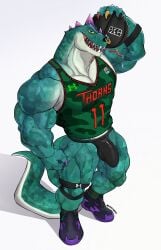2026 absurd_res anthro ball basketball_(ball) basketball_uniform biceps big_muscles black_clothing black_underwear bodily_fluids bulge clothed clothing collar colored_nails detailed_bulge digital_media_(artwork) facial_piercing footwear genital_outline goat_(movie) green_body green_clothing green_scales green_shirt green_topwear head_spikes hi_res holding_object jockstrap komodo_dragon legband lizard looking_at_viewer male modo_olachenko monitor_lizard multicolored_claws muscular muscular_anthro muscular_male nails neck_piercing nose_piercing nose_ring piercing purple_spikes reptile ring_piercing saliva scales scalie septum_piercing septum_ring shirt shoes simple_background solo sony_corporation sony_pictures spikes spikes_(anatomy) sportswear studded_collar studs tail text text_on_clothing text_on_shirt text_on_topwear thick_thighs tongue tongue_out tongue_piercing topwear underwear uniform white_background wolfblack43 yellow_sclera