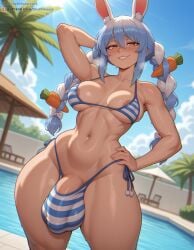 1futa 1girls 2026 ai_generated animal_ear_fluff animal_ears areola_slip arm_up big_penis bikini blue_hair bluebewwy blush breasts breath bulge carrot_hair_ornament cleavage dickgirl futa_only futanari hair_between_eyes hand_behind_head hand_on_hip hi_res hololive huge_cock intersex long_hair looking_at_viewer medium_breasts orange_eyes outdoors partially_clothed penis pool rabbit_ears smile solo stable_diffusion standing striped sweat thick_eyebrows thick_thighs toned twin_braids twintails two-tone_hair usada_pekora virtual_youtuber vtuber wet white_hair