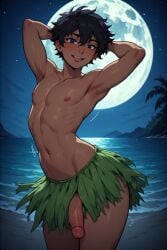 aged_up aged_up_character ai_generated beach beach_background black_eyes black_hair blush blushing_at_viewer blushing_male dark-skinned_femboy dark-skinned_male dark-skinned_sissy dark-skinned_twink dark_skin femboy grass_skirt hands_behind_head island moon moonlight mowgli nipples shaking_hips small_penis the_jungle_book the_jungle_book_2
