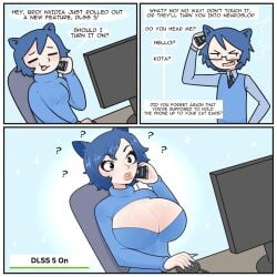 at_desk bimbo bimbo_lips bimbofication blue_hair blue_shirt breast_expansion cat_boy cat_ears cat_girl catboy catgirl chair computer computer_monitor computer_mouse desk desktop dlss5 eyelashes eyeliner glasses huge_breasts iq_loss kota_(kotamota) kotamota long_nails nails office_chair on_phone sweater sweater_vest talking_on_phone talking_to_another