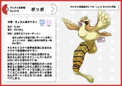 absurd_res avian balls bird bodily_fluids border brown_body brown_fur cum ejaculation feet fur generation_1_pokemon genital_fluids genitals hi_res japanese_text male nikunigushii nintendo penis pidgey pokedex pokedex_entry pokedex_number pokemon pokemon_(species) red_border simple_background talons text toes translation_request vein veiny_penis white_background yellow_body yellow_fur