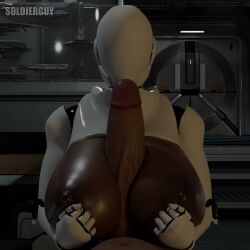 1:1 3d_(artwork) absurd_res android anthro big_breasts big_penis blender_(artwork) breast_play breasts cybernetics cyborg dark-skinned_male dark_body dark_skin digital_media_(artwork) duo female first_person_view genitals haydee haydee_(game) hi_res huge_breasts huge_cock human human_pov humanoid_genitalia humanoid_penis machine male male/female male_pov mammal penis penis_between_breasts robot sex soldierguy titjob