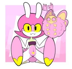 2026 :3 antennae_(anatomy) anthro arthropod arthropod_abdomen black_eyes bottomless breasts bug_(sodabug) cleavage clothed clothing digital_media_(artwork) duo eyelashes fangs fatalafterdark female feral fur genitals hair hi_res insect kneeling lepidopteran male mammal mantis moth navel pink_background pink_body pink_eyes pink_fur pink_hair pinkmoth_(pinkmoth) simple_background small_breasts smile smiling_at_viewer teeth topwear vulva white_body yellow_sclera