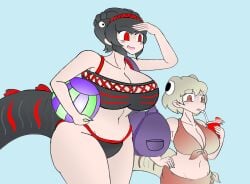 2girls awake_(artist) big_ass big_breasts blush drinking_straw female godzilla godzilla_(series) monster_girl shin_godzilla short shortstack swimsuit tail tall