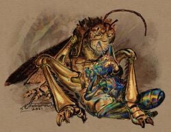 2024 a_bug's_life ant antennae_(anatomy) anthro anthro_on_anthro arthropod artist_name blue_body bodily_fluids brown_antennae brown_body brown_shell brown_skin claws closed_eyes closed_smile colorful_theme cricket cum cum_on_hand dated digital_drawing_(artwork) digital_media_(artwork) disney duo ejaculation english_description flik_(a_bug's_life) full-length_portrait genital_fluids genitals grasshopper hand_on_another's_hand hand_on_another's_head handjob hi_res hopper_(a_bug's_life) hymenopteran insects iridescent iridescent_body kneeling male male/male mouth_closed orthopterid penile penis pixar portrait procreate_(artwork) sex shell smile text the_dawner toe_claws torn_antennae yellow_penis