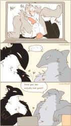 anal anal_sex animal_genitalia animal_penis anthro aquatic artist_name black_body black_fur bodily_fluids canid canine canine_genitalia canine_penis cetacean claws closed_eyes comic computer crossed_arms cum cum_while_penetrated cumshot dialogue dolphin duo ejaculation electronics ellipsis english_text eye_contact fangs finger_claws fish fur genital_fluids genitals grabbing_sheets grey_body grey_fur group heart_reaction hi_res holding_leg knot knotted_penis laptop leaning_on_object looking_at_another looking_at_porn lovebuffpg45 lying male male/male mammal moan multicolored_body multicolored_fur muscular muscular_anthro muscular_male narrowed_eyes oceanic_dolphin on_back onomatopoeia open_mouth orca penetration penile penile_penetration penis pornography question sex shark simple_background sound_effects speech_bubble spread_legs spreading sweat tan_background teeth text three_row_layout toothed_whale two_tone_body two_tone_fur white_body white_fur