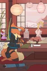 2018 2:3 2_tails accessory altaria ambiguous_gender animal_genitalia anthro asian_clothing balls beak big_balls biped black_nose bonsai buizel chopsticks closed_eyes clothed clothing countershade_face countershade_fur countershade_torso countershading dipstick_tail east_asian_clothing eating feral food fuf fur generation_1_pokemon generation_3_pokemon generation_4_pokemon generation_5_pokemon genitals group headband hi_res holding_chopsticks holding_object huge_balls hyper hyper_balls hyper_genitalia inside japanese_clothing kimono lamp lantern male markings mienshao multi_tail multicolored_body multicolored_fur ninja nintendo open_mouth orange_body orange_fur paper_lantern partially_clothed persian_(pokemon) plant pokemon pokemon_(species) scroll sheath shiny_pokemon sitting tail tail_markings tan_body tan_countershading tan_fur tan_markings teeth tongue two_tone_body two_tone_fur warrior