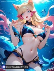ahri ai_assisted ai_generated air_bubble animal_ears aqua_nails artist_name bangs bare_shoulders bikini bikini_skirt black_bikini blonde_hair blue_bikini blue_eyes blue_nails blush breasts bubble choker cowboy_shot day facial_mark female fingernails fish fox_ears highleg highleg_bikini large_breasts long_fingernails long_hair looking_at_viewer multicolored_hair nail_polish navel ocean open_mouth patreon_username pink_nails red_nails solo splashing swimsuit underwater vastaya water water_drop wet whisker_markings