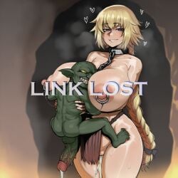 1boy 1girls ai_generated bad_end big_breasts big_penis blonde_hair blue_eyes blush cave chains collar corruption cum_in_pussy empty_eyes fate/grand_order fate_(series) game_over goblin green_skin head_between_breasts heart jazzifu jeanne_d'arc_(fate) light-skinned_female loincloth looking_at_viewer monster netorare nipple_piercing pre-cum self_upload small_dom_big_sub text yellow_eyes
