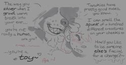 anthro blush bodily_fluids breath canid canine degradation dialogue duo english_text female female/female human imminent_cock_vore imminent_vore mammal meltyautumn panting raccoon_dog sharp_teeth sniffing sweat tanuki teeth text trans_(lore) trans_woman_(lore) verbal verbal_degradation verbal_domination whispering_in_ear