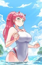 1girls blush breasts competition_swimsuit coolisushi darling_in_the_franxx female_only green_eyes looking_at_viewer medium_breasts one-piece_swimsuit partially_submerged pink_hair solo swimsuit water white_swimsuit zero_two_(darling_in_the_franxx)