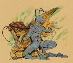2024 a_bug's_life ant antennae_(anatomy) anthro anthro_on_anthro anthro_penetrated anthro_penetrating anthro_penetrating_anthro arthropod artist_name blue_antennae blue_body blue_tail brown_body cricket dated digital_drawing_(artwork) digital_media_(artwork) disney english_description flik_(a_bug's_life) full-length_portrait grasshopper hi_res hopper_(a_bug's_life) hymenopteran insects iridescent kneeling male male/male male_penetrated male_penetrating male_penetrating_male orthopterid penetration pixar portrait procreate_(artwork) rear_view sex tail text the_dawner yellow_body