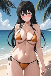 1girl ahoge ai_generated alternate_universe arm_behind_back ass_visible_through_thighs bare_arms bare_shoulders beach bikini black_eyes black_hair blue_sky blush breasts cameltoe cleavage closed_mouth cloud collarbone cowboy_shot day elfen_lied female groin hair_between_eyes halterneck horizon humanized large_breasts long_hair looking_at_viewer lucy_(elfen_lied) mole mole_under_eye navel ocean orange_bikini outdoors palm_leaf palm_tree pixiv rena_aikawa_(pixiv_user) side-tie_bikini_bottom sideboob skindentation sky smile solo stable_diffusion standing stomach string_bikini swimsuit thighs tree underboob water