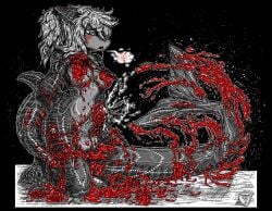 anthro aquatic balls blood blush bodily_fluids breasts cutting_self drooling ejaculation fish genitals gore gynomorph hi_res intersex kneeling masturbation nipple_piercing nipples nude penis piercing saliva seiju_(seijukaiju) self-harm shark solo wisahkecahk