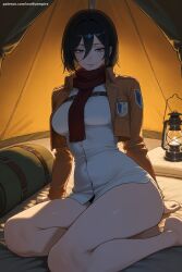 1girl ai_generated attack_on_titan black_hair breasts brown_jacket hair_between_eyes hi_res high_quality high_resolution indoors jacket large_breasts long_sleeves looking_at_viewer mikasa_ackerman patreon scarf seductive sexy short_hair sitting smile solo uncensored watermark