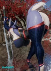 bending_down fishnets le_chumsky palamute purple_body sword trees water
