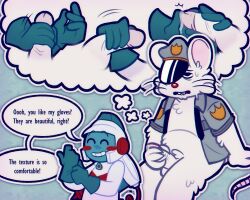 5:4 anthro armor bandai_namco bite biting_lip blue_body bodily_fluids clothed clothing dig_dug dowaku_01 duo gloves handjob handwear headgear hi_res humanoid humanoid_on_anthro male male/male mammal mappy mappy_(character) masturbation mouse murid murine open_clothing open_topwear penile police police_uniform rodent sex shiftylook simple_background sitting speech_bubble sweat taizo_hori text topwear uniform white_body