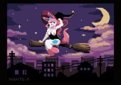 animated anthro anthrofied black_corset bottomless bouncing_breasts bouncing_penis breasts broom broom_riding building cleaning_tool closed_eyes clothed clothing cloud crescent_moon detailed_background digital_media_(artwork) eeveelution flying frame_by_frame fur futanari generation_6_pokemon genitals gynomorph halloween hand_on_hat hat headgear headwear holidays intersex legwear looking_at_viewer moon multicolored_body multicolored_fur nante-p nintendo penis pink_body pink_ears pink_fur pink_penis pink_tail pixel_(artwork) pixel_animation pokemon pokemon_(species) pokemorph presenting presenting_penis sky solo star sylveon tail witch_costume witch_hat