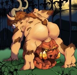 absurd_res anthro anus ass backsack balls big_butt big_horn blonde_hair body_hair bovid caprine crescent_moon duo elemental_creature feet flora_fauna food food_creature fruit gate genitals glowing glowing_eyes hair hand_on_pole hi_res holidays horn jack-o'-lantern leg_hair living_fruit lora_fauna male male/male mammal moon night nude oliver_baaple on_top_of_another outside overweight overweight_anthro overweight_male plant pumpkin rear_view sheep shoulder_hair sinfulspikes sitting_on_pumpkin soles suid suine sus_(pig) tongue tusks werecaprine werecreature weresheep wild_boar yellow_body