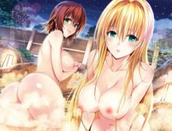 2girls arm_support ass bangs bathing big_ass big_breasts blonde_hair blush breasts brown_hair clavicle closed_mouth commentary commentary_request edit eyebrows_visible_through_hair female female_only fence from_behind green_eyes hair_between_eyes hanging_breasts hi_res hot_spring japanese_text lantern large_breasts leaning_forward light light-skinned_female light_skin long_hair looking_at_viewer mikado_ryouko milf multiple_girls naked night night_sky nipples nude nude_filter official_art parted_bangs shared_bathing sky smile star_(sky) starry_sky steam stomach teacher tearju_lunatique text to_love-ru to_love-ru_darkness translation_request very_long_hair water water_drop wet_body yabuki_kentarou