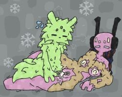 absurd_res anthro bodily_fluids breasts clothing cold cum cum_inside delzeta duo female five_pebbles_(rain_world) fluffy genital_fluids genitals hi_res humanoid iterator_(rain_world) machine male male/female penetration penis rain_world robot rule_63 saint_(rain_world) slugcat snowflake torn_clothing vaginal_penetration videocult vulva