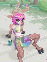 3:4 absurd_res anthro antlers bodily_fluids clothing cravingcreature cum cum_on_leg cum_on_own_leg cum_on_self deer ear_piercing ear_ring ejaculation femboy fishnet_stockings genital_fluids genitals hair hands-free hi_res horn humiliation male male_focus male_only mammal monster_energy penis penis_poking_out penis_through_leghole piercing pink_hair public public_humiliation ring_piercing translucent translucent_clothing