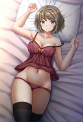 1girls female female_only kazenokaze looking_at_viewer lying panties partially_clothed pillow seishun_buta_yarou_wa_bunny_girl_senpai_no_yume_wo_minai short_hair solo stockings tomoe_koga